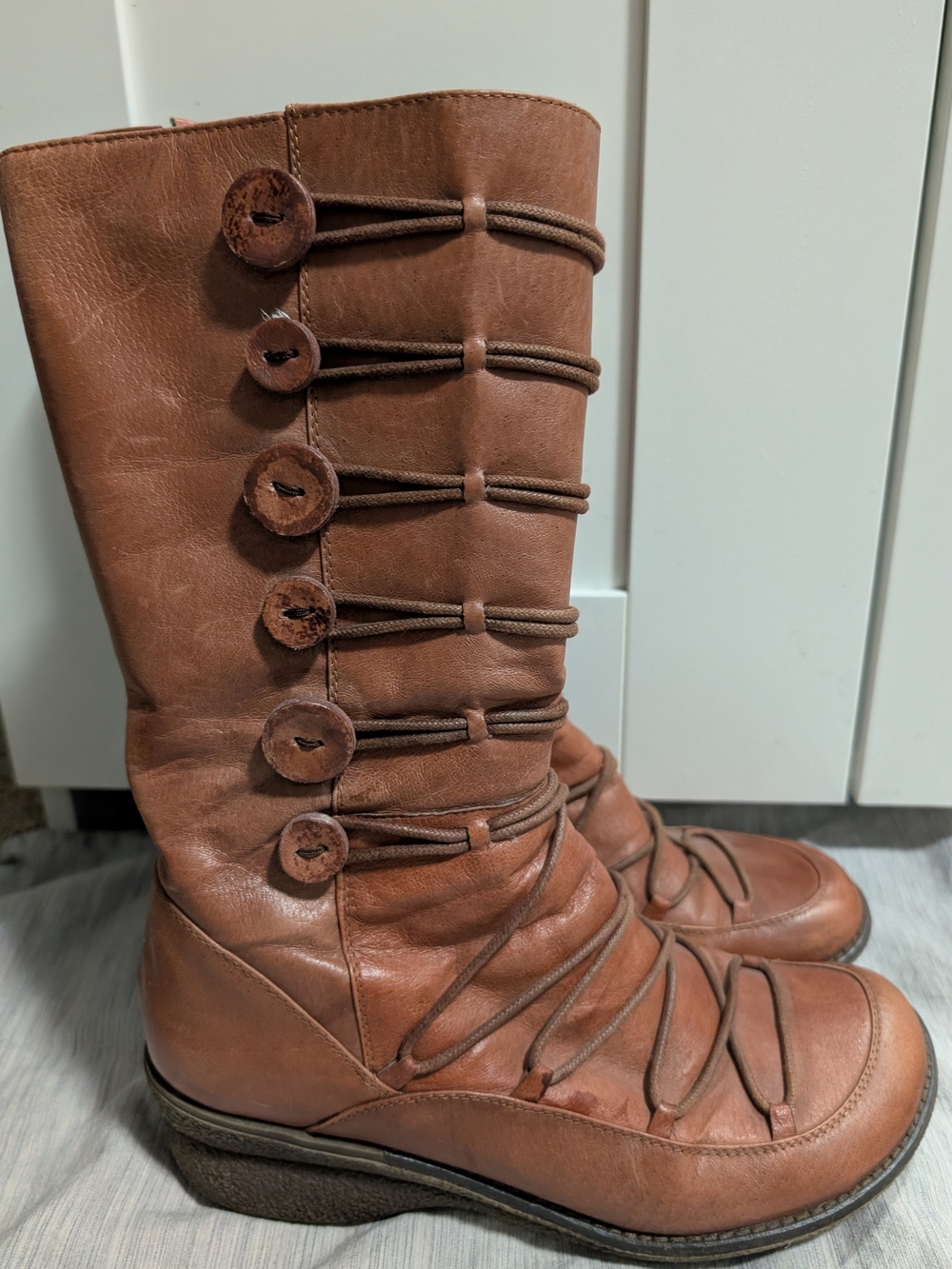 Miz Mooz Brown Mid-Calf Button Lace-Up Leather Boots